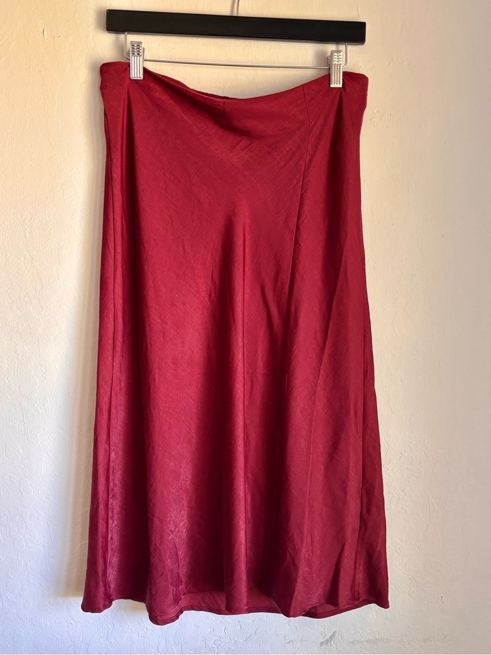 Burgundy Satin A-Line Skirt Elastic Waist, Modest Front Slit, Medium (8/10)
